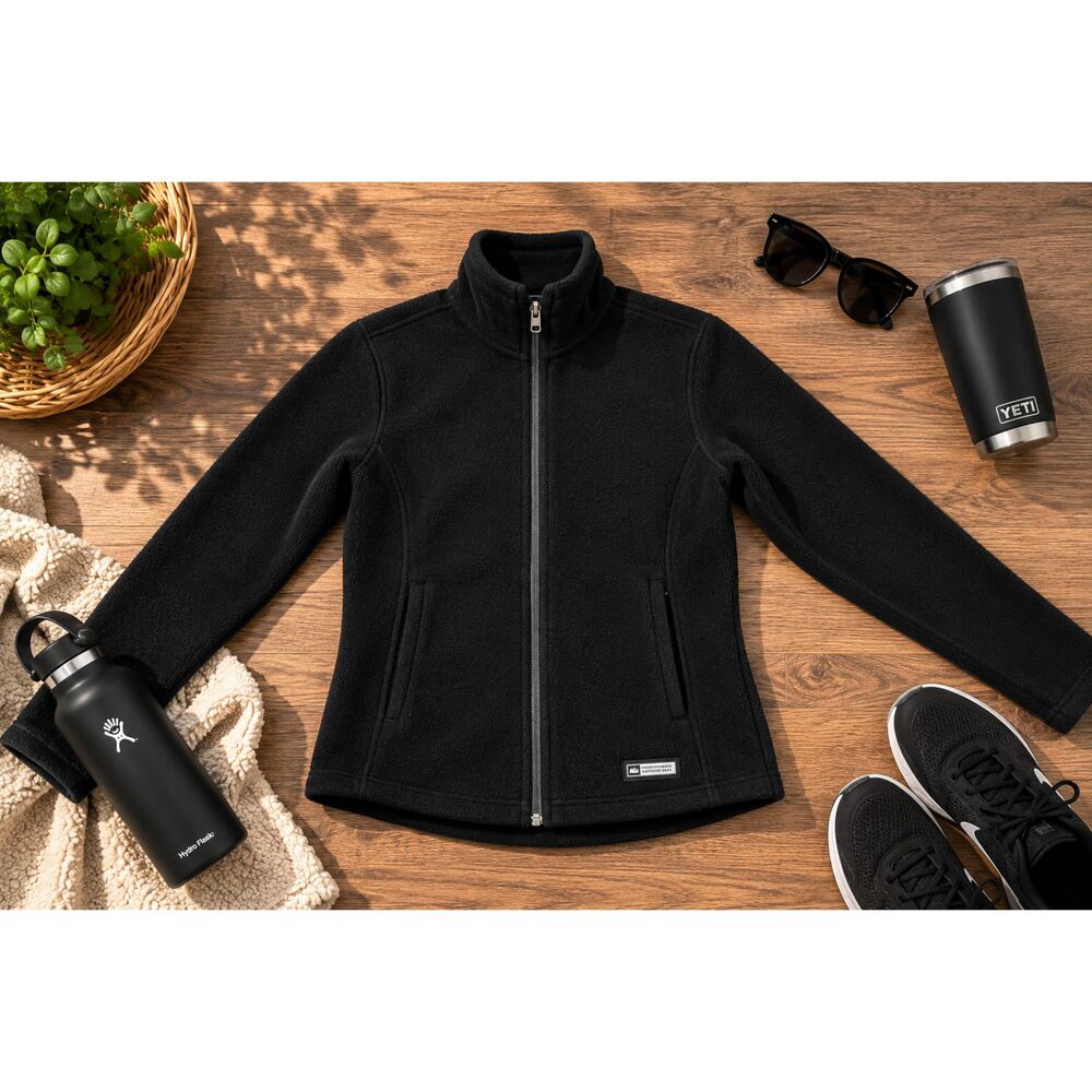 REI Fleece Jacket Womens Small Black Full Zip Pockets Outdoor Hiking (513)